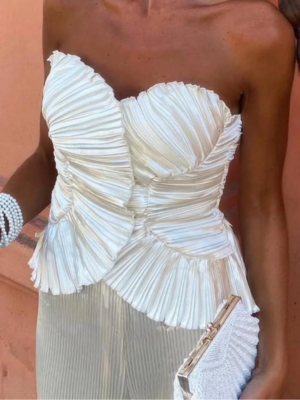 Vintage Ivory Strapless Pleated Ruffle Peplum Dress - Picture 1 of 6